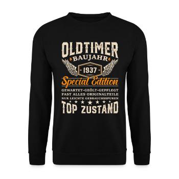 1937 Oldtimer Geschenk - Unisex Pullover - Schwarz - Vorne - Alina (178cm) & Michal (187cm)