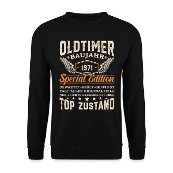 1971 Oldtimer Geschenk - Unisex Pullover - Schwarz - Vorne - Alina (178cm) & Michal (187cm)