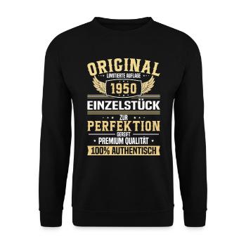 Jahrgangsgeschenk 1950 - Einzigartige Rarität - Unisex Pullover - Schwarz - Vorne - Alina (178cm) & Michal (187cm)