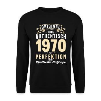 Authentisches 1970er Vintage Geschenk - Unisex Pullover - Schwarz - Vorne - Alina (178cm) & Michal (187cm)