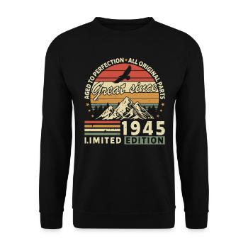 Born in 1945 – Legendary 79th Birthday - Unisex Sweatshirt - black - Front - Alina (178cm) & Michal (187cm)