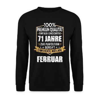 71. Geburtstag FEBRUAR Jahrgang 1953 Geschenkidee - Unisex Pullover - Schwarz - Vorne - Alina (178cm) & Michal (187cm)