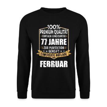 77. Geburtstag FEBRUAR Jahrgang 1947 Geschenkidee - Unisex Pullover - Schwarz - Vorne - Alina (178cm) & Michal (187cm)