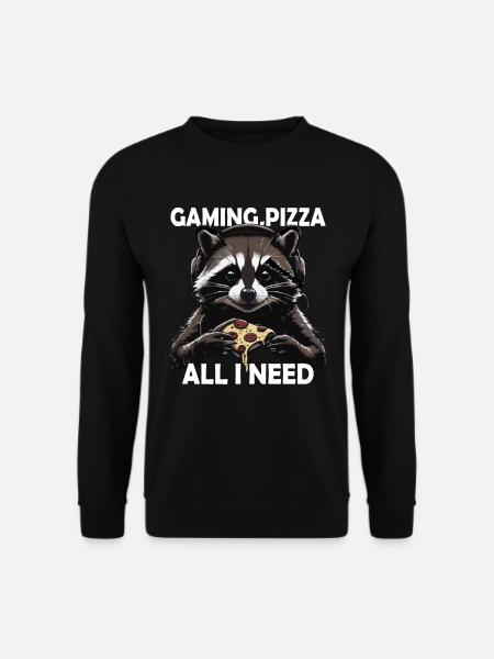 Lustiges Waschbär Gaming Pizza Gamer Zocker Zocken - Unisex Pullover - Schwarz