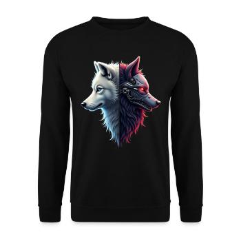 Lustiger Roboter Kunst Wolf Cyborg Tier AI Wolf - Unisex Pullover - Schwarz - Vorne - Alina (178cm) & Michal (187cm)