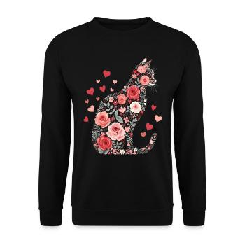 Blumen Katze für Katzen Besitzer und Valentinstag - Unisex Pullover - Schwarz - Vorne - Alina (178cm) & Michal (187cm)