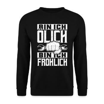 Motorrad Mofa Bin ich Ölich bin ich Fröhlich - Unisex Pullover - Schwarz - Vorne - Alina (178cm) & Michal (187cm)