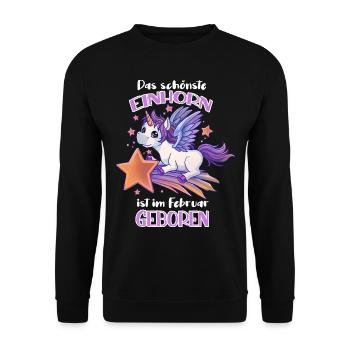 Das schönste Einhorn ist im Februar geboren - Unisex Pullover - Schwarz - Vorne - Alina (178cm) & Michal (187cm)