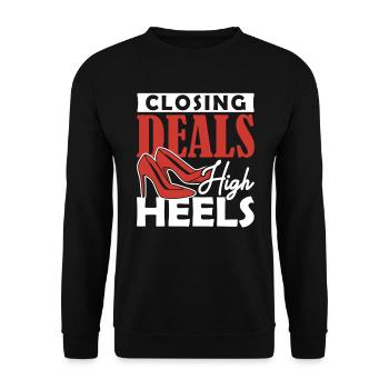 Closing Deals in High Heels Hypothekendarlehen - Unisex Pullover - Schwarz - Vorne - Alina (178cm) & Michal (187cm)