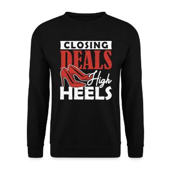 Closing Deals in High Heels Hypothekendarlehen - Unisex Pullover - Schwarz - Vorne - Alina (178cm) & Michal (187cm)