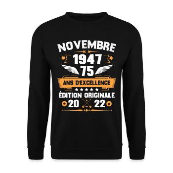 Novembre 1947 Idée Cadeau D'anniversaire 75 Ans - Sweat-shirt Unisexe - noir - Devant - Alina (178cm) & Michal (187cm)