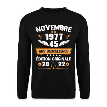 Novembre 1977 Idée Cadeau D'anniversaire 45 Ans - Sweat-shirt Unisexe - noir - Devant - Alina (178cm) & Michal (187cm)