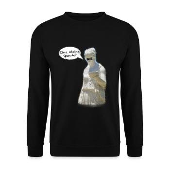 „Eine kleine Spende“ für griechische Statue Spruch - Unisex Pullover - Schwarz - Vorne - Alina (178cm) & Michal (187cm)