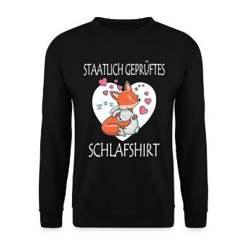 Staatlich geprüftes Schlafshirt Fuchs und Hase - Unisex Pullover - Schwarz - Vorne - Alina (178cm) & Michal (187cm)