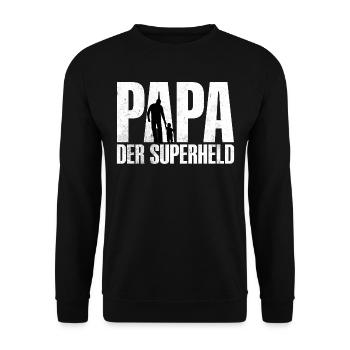 PAPA DER SUPERHELD Schön, dass es dich gibt! - Unisex Pullover - Schwarz - Vorne - Alina (178cm) & Michal (187cm)