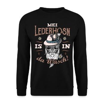 Mei Lederhosn is in da Wäsch Ersatz Tracht Bayern - Unisex Pullover - Schwarz - Vorne - Alina (178cm) & Michal (187cm)