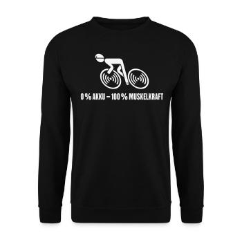 0 % Akku – 100 % Muskelkraft (Fahrrad / White) - Unisex Pullover - Schwarz - Vorne - Alina (178cm) & Michal (187cm)