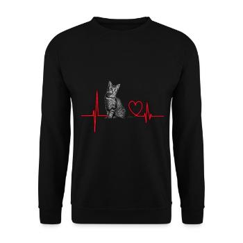 Katzen Herzschlag Geschenk - Unisex Pullover - Schwarz - Vorne - Alina (178cm) & Michal (187cm)