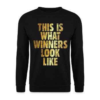 This is what Winners look like Gewinner (Goldgelb) - Unisex Pullover - Schwarz - Vorne - Alina (178cm) & Michal (187cm)
