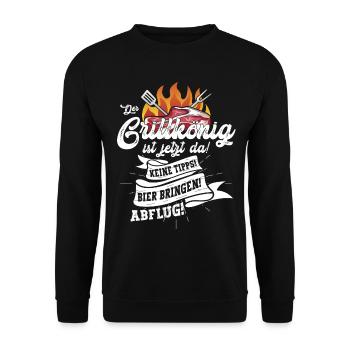 Grillparty Motiv mit Fleisch und Flammen - Unisex Pullover - Schwarz - Vorne - Alina (178cm) & Michal (187cm)