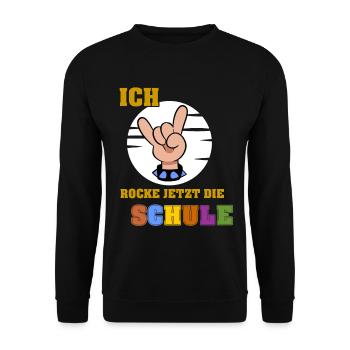 Ich rocke jetzt die Schule - Einschulung Schule - Unisex Pullover - Schwarz - Vorne - Alina (178cm) & Michal (187cm)