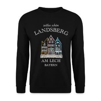 Landsberg am Lech, bunte Häuserzeile, Bayern - Unisex Pullover - Schwarz - Vorne - Alina (178cm) & Michal (187cm)