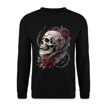 Vintage Totenkopf & rote Rosen Gothic Totenkopf - Unisex Pullover - Schwarz - Vorne - Alina (178cm) & Michal (187cm)