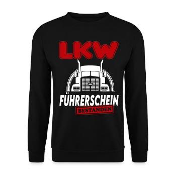 LKW  Führerschein bestanden Sprüche Lastwagen - Unisex Pullover - Schwarz - Vorne - Alina (178cm) & Michal (187cm)