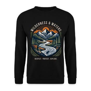 Fliegenfischen / Angeln am Fluss in Berglandschaft - Unisex Pullover - Schwarz - Vorne - Alina (178cm) & Michal (187cm)