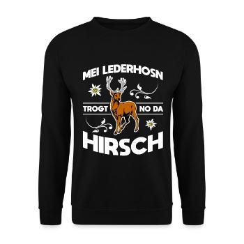 Mei Lederhosn Trogt No Da Hirsch Wiesn - Unisex Pullover - Schwarz - Vorne - Alina (178cm) & Michal (187cm)