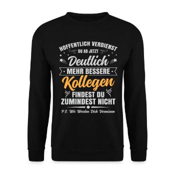 Abschiedsgeschenk Kollegen Jobwechsel - Unisex Pullover - Schwarz - Vorne - Alina (178cm) & Michal (187cm)