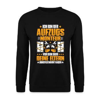 Aufzugsmonteur Aufzugsmechaniker Elevator Mechanic - Unisex Pullover - Schwarz - Vorne - Alina (178cm) & Michal (187cm)