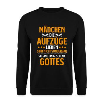 Aufzugsmonteur Aufzugsmechaniker Elevator Mechanic - Unisex Pullover - Schwarz - Vorne - Alina (178cm) & Michal (187cm)
