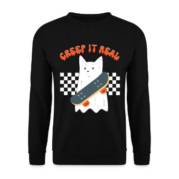 Creep it real, lustige Geisterkatze, Halloween Kostüm - Unisex Pullover - Schwarz - Vorne - Alina (178cm) & Michal (187cm)