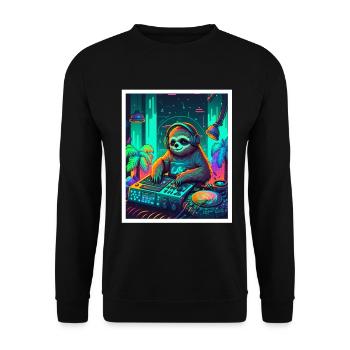 Sloth Morning Grouch DJ Music Retro Neon House - Unisex Sweatshirt - black - Front - Alina (178cm) & Michal (187cm)