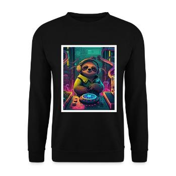 Sloth Morning Grouch DJ Music Retro Neon House - Unisex Sweatshirt - black - Front - Alina (178cm) & Michal (187cm)