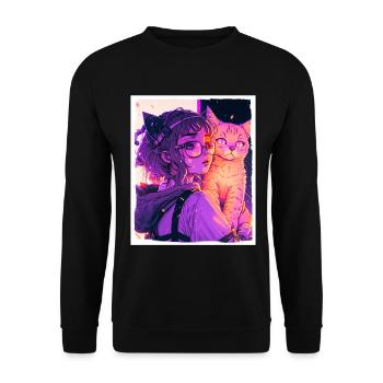 Anime Girl Katze Kätzchen Manga Ink Blume Neon - Unisex Pullover - Schwarz - Vorne - Alina (178cm) & Michal (187cm)