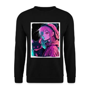 Anime Girl Katze Kätzchen Manga Ink Blume Neon - Unisex Pullover - Schwarz - Vorne - Alina (178cm) & Michal (187cm)