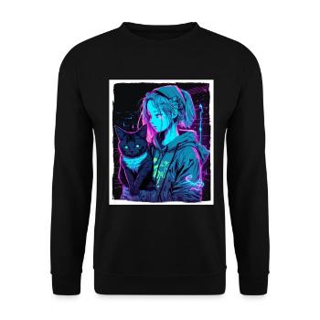 Anime Girl Katze Kätzchen Manga Ink Blume Neon - Unisex Pullover - Schwarz - Vorne - Alina (178cm) & Michal (187cm)