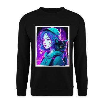 Anime Girl Katze Kätzchen Manga Ink Blume Neon - Unisex Pullover - Schwarz - Vorne - Alina (178cm) & Michal (187cm)