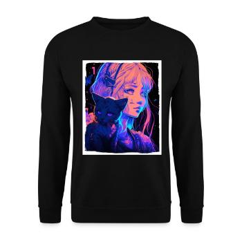 Anime Girl Katze Kätzchen Manga Ink Blume Neon - Unisex Pullover - Schwarz - Vorne - Alina (178cm) & Michal (187cm)