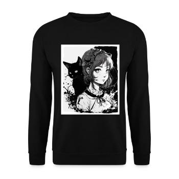Anime Girl Katze Kätzchen Manga Ink Blume Neon - Unisex Pullover - Schwarz - Vorne - Alina (178cm) & Michal (187cm)