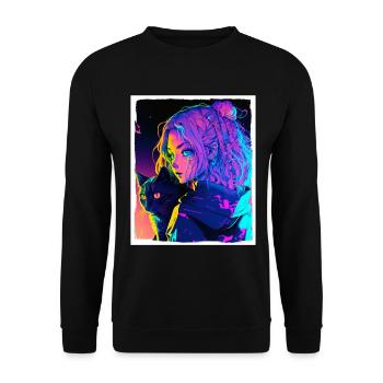 Anime Girl Katze Kätzchen Manga Ink Blume Neon - Unisex Pullover - Schwarz - Vorne - Alina (178cm) & Michal (187cm)
