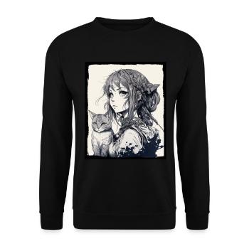 Anime Girl Katze Kätzchen Manga Ink Blume Neon - Unisex Pullover - Schwarz - Vorne - Alina (178cm) & Michal (187cm)