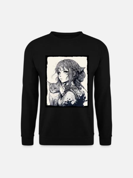 Anime Girl Katze Kätzchen Manga Ink Blume Neon - Unisex Pullover - Schwarz