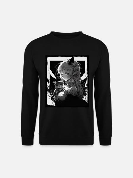 Anime Girl Katze Kätzchen Manga Ink Blume Neon - Unisex Pullover - Schwarz