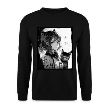 Anime Girl Katze Kätzchen Manga Ink Blume Neon - Unisex Pullover - Schwarz - Vorne - Alina (178cm) & Michal (187cm)