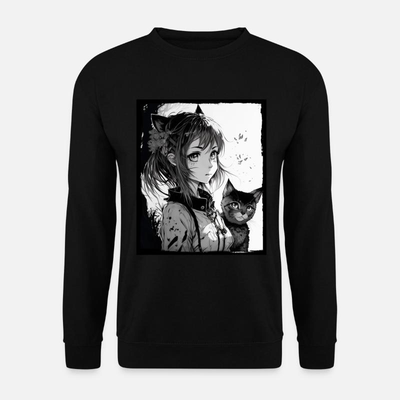 Anime Girl Katze Kätzchen Manga Ink Blume Neon - Unisex Pullover - Schwarz