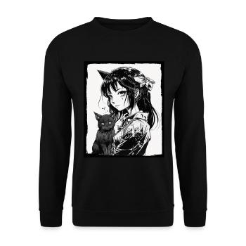 Anime Girl Katze Kätzchen Manga Ink Blume Neon - Unisex Pullover - Schwarz - Vorne - Alina (178cm) & Michal (187cm)