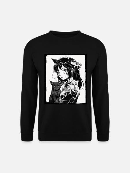 Anime Girl Katze Kätzchen Manga Ink Blume Neon - Unisex Pullover - Schwarz